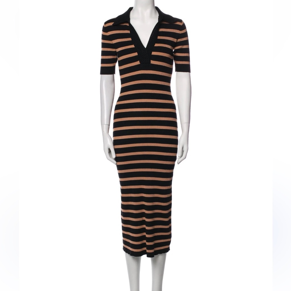 Caroline Constas Black and Tan Striped Knit Midi Dress